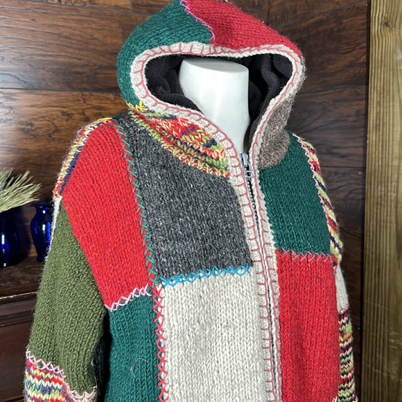 Patchwork boho hippie festival Wool Sweater jacket Chunky Knit Nepal small - Picture 7 of 11